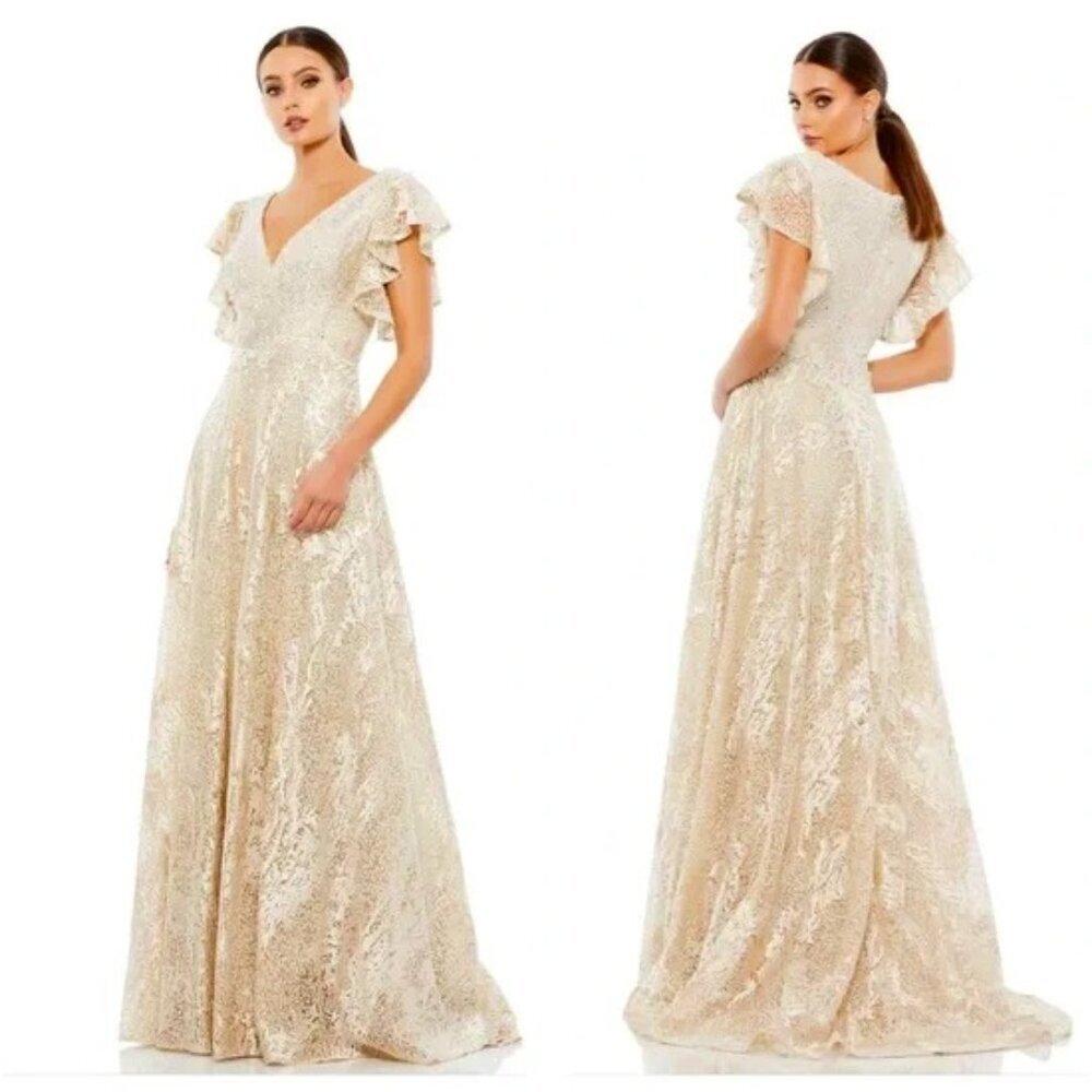 NWT MAC DUGGAL Ivory Embroidery & Crystals Sweeping Train Gown 18 MSRP $800